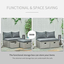 Outsunny Set Mobili da Giardino con Divano 2 Posti, Contenitore e Pouf in Rattan PE Salvaspazio con Cuscini, Grigio - Arredi Casa