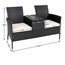 Casaria Panchina da Giardino Polyrattan 2 Posti Piano Tavolo in WPC Cuscini Idrorepellenti 7cm Nero