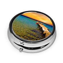 Scatola rotonda per medicina portatile, mini pillole in metallo, dispenser per pillole tascabili, borsa da viaggio, regalo per banchina, tramonto