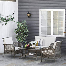 Outsunny Set Mobili da Giardino in Rattan Marrone, Set Tavolino, Sedie e Divano da Esterno 4Pz con Cuscini Imbottiti Cachi