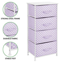 mDesign Comò piccolo in fibra sintetica, struttura in metallo – Cassettiera moderna ideale in camera da letto, corridoio, bagno, cameretta ecc. – Canterano con 4 cassetti – viola chiaro/bianco