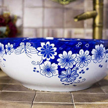 Jgophu - Lavabo in ceramica da appoggio, colore: blu e bianco