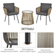 Outsunny Set con Tavolino e Sedie da Giardino da 3 Pezzi, Sedie in Rattan per Esterni, Cachi e Grigio
