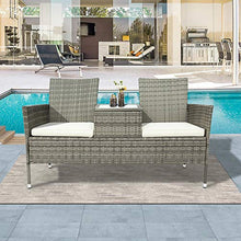 Panchina da giardino in polyrattan, con tavolo da 2 posti, cuscini da 5 cm