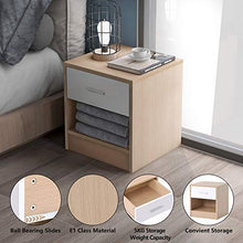 Comodino, cassettiera, 1 cassetto e 1 ripiano con maniglie e guide in metallo, bianco e rovere