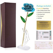HelloCreate - Rosa con stelo lungo immersa in oro 24 k, in confezione regalo con supporto (rosa celeste con supporto)