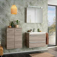 Fackelmann, set di mobili da bagno, 4 pezzi, con lavabo sospeso da 80 cm e armadietto a specchio a LED, colore marrone chiaro