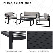 Set Salotto da Giardino Divano 2 Poltrone e Tavolino in Alluminio Grigio e Nero