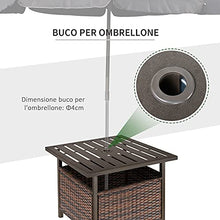 Outsunny Tavolo da Giardino con Foro per Ombrellone e Cesta Inferiore in Rattan PE e Acciaio, 55.5x55.5x46cm Marrone