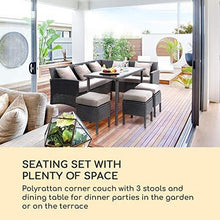 blumfeldt Titania Dining Lounge Set - Arredamento da Giardino, Set per Angolo, Set in 5 Parti: Divano ad Angolo, Tavolo, 3 Sgabelli, 7 Posti, Imbottitura 8cm, Federe Marrone, Rattan: Nero - Arredi Casa