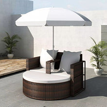 Tidyard Lettino Prendisole Doppio con Ombrellone in Polyrattan e Acciaio | Marrone