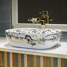 Jgophu, lavabo ovale in ceramica, da appoggio, guardaroba, nave dipinta a mano, lavabo blu e bianco