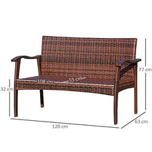 Outsunny Divano da Esterno 2 Posti in Rattan PE, Panchina da Giardino con Cuscini e Braccioli, 120x63x77cm Marrone