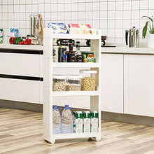 SONGMICS Scaffale Scorrevole Scaffale Portaoggetti Stretto Carrello Mobile Dispensa a 4 Livelli di Plastica con Rotelle per Cucina Bagno Bianco 45 x 17 x 91 cm KFR10WT
