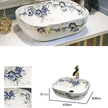 Jgophu, lavabo ovale in ceramica, da appoggio, guardaroba, nave dipinta a mano, lavabo blu e bianco