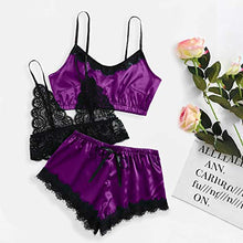 Pigiama da donna in raso di seta, set di pantaloncini da notte, leggero, pigiama in seta, da donna in raso e pizzo, set da 3 pezzi, biancheria intima trasparente da casa