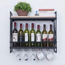 Portabottiglie Vintage in Metallo Nero a Parete con Supporto per Bicchiere da Vino Industriale, 2 Livelli Rack di stoccaggio Legno Scaffale per Vini