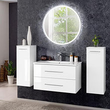 Fackelmann Set di mobili da Bagno Bianco Lucido lavabo sospeso & Rotondo Specchio da Bagno a LED 80 cm 4 pz.