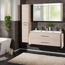 FACKELMANN B.Clever - Set di mobili da bagno, 3 pezzi, 120-150 cm, in frassino con lavabo e vasca in marmo, con specchio a LED