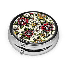 Scatola rotonda per medicina portatile, mini pillole in metallo, dispenser per pillole per borsa da tasca, borsa da viaggio, regalo con fiori tatuaggio