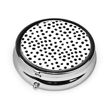 Dots and Spots - Contenitore rotondo per pillole con 3 scomparti, in metallo, per medicina, vitamina e viaggi, colore: bianco e nero