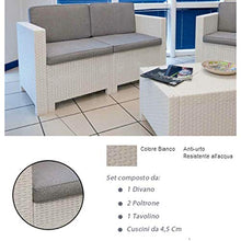 Divano con Poltrone e Tavolino/Salotto/Salottino in Polyrattan per Esterno/Arredo Giardino - Mod. Dubai bianco