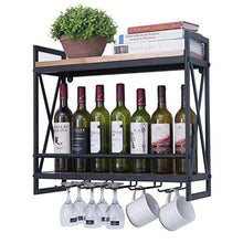 Portabottiglie Vintage in Metallo Nero a Parete con Supporto per Bicchiere da Vino Industriale, 2 Livelli Rack di stoccaggio Legno Scaffale per Vini