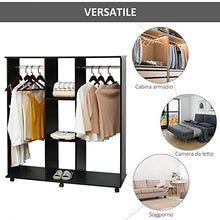 homcom Armadio con 2 Guardaroba, 5 Ripiani e 6 Ruote, in Legno e Alluminio, 120x40x128 cm, Nero