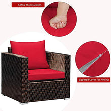 YRRA - Set di mobili da giardino in rattan sintetico, set di 3 pezzi, con cuscino lavabile e vetro temperato da tavolo per conversazione all'aperto, colore: grigio misto, rosso