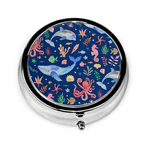 Scatola rotonda per medicina portatile, mini pillole in metallo, dispenser per pillole tascabili, borsa da viaggio, tema mare stravagante, scala media blu scuro