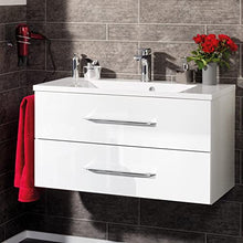FACKELMANN B.Clever - Set di mobili da bagno, 2 pezzi, 90 cm, con lavabo in marmo e armadietto a specchio a LED