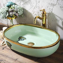 Jgophu, lavabo in ceramica da appoggio, guardaroba, lavabo dipinto a mano, ovale, verde