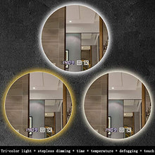 Specchio da bagno intelligente touch screen antiappannante specchio luminoso a led specchio rotondo con luce di cortesia, visualizzazione del tempo e della temperatura regolazione a tre colori