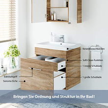 Planetmöbel Lavabo sospeso da 60 cm, in rovere Sonoma, con lavabo in ceramica e cassetto per bagno