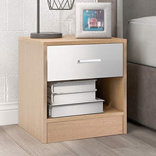 Comodino, cassettiera, 1 cassetto e 1 ripiano con maniglie e guide in metallo, bianco e rovere