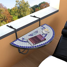 Tavolino Appendibile da Balcone/Tidyard Mosaico Balcone tabella d'Attaccatura Semicircolare 76 x 56 x 64 cm | Blu e Bianco