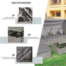 Outsunny Set Mobili da Giardino in Rattan PE, Divano 3 Posti con Tetto, Tavolino, Poggiapiedi e Cuscini, Grigio
