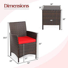 YRRA 3-Piece Patio Conversation Set Sedie di Vimini con Vetro Top Quadrato Tavolino da caffè e Cuscini da caffè all-Weather Set Rattan Esterno Set (Red)-Rosso