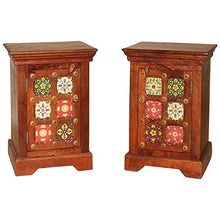 ETNIC ART - Set di due comodini indiani in legno e ceramiche-45x65x38- - Mobili etnici artigianali
