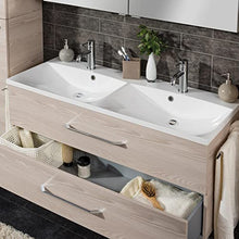 FACKELMANN B.Clever - Set di mobili da bagno, 3 pezzi, 120-150 cm, in frassino con lavabo e vasca in marmo, con specchio a LED