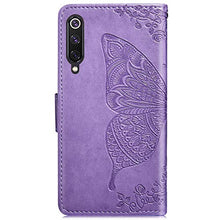 Saceebe Compatibile con Xiaomi 9 SE Custodia pelle Cover a libro Portafoglio Flip Case [Custodia in pelle goffrata con fiori e farfalle con cordino] anteriore e posteriore Bumper Case,viola chiaro