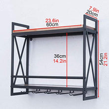 Portabottiglie Vintage in Metallo Nero a Parete con Supporto per Bicchiere da Vino Industriale, 2 Livelli Rack di stoccaggio Legno Scaffale per Vini