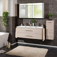 FACKELMANN B.Clever - Set di mobili da bagno, 3 pezzi, 120-150 cm, in frassino con lavabo in doppio marmo e armadietto a specchio a LED