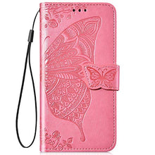 Saceebe Compatibile con Huawei enjoy 9 Custodia pelle Cover a libro Portafoglio Flip Case [Custodia in pelle goffrata con fiori e farfalle con cordino] anteriore e posteriore Bumper Case,rosa