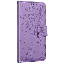 NSSTAR Compatibile con Galaxy S20 plus Custodia pelle Cover a libro Flip Case Custodia in pelle goffrata con motivo Sakura e gatto con cordino Anteriore e posteriore Portafoglio Cover,viola