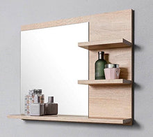DOMTECH Specchio da bagno con ripiani e illuminazione a LED, in rovere, specchio da parete a LED