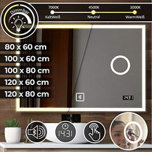 Aquamarin® Specchio a LED Rettangolare-CEE: A++, Controllo Tattile, Controluce 3in1 Bianca Fredda, Calda, Neutra, Orologio Digitale, Dimensione e Modello a Scelta-Specchio Retroilluminato, Bagno