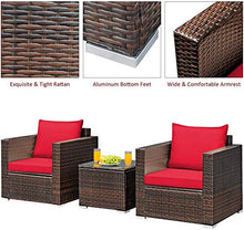 YRRA - Set di mobili da giardino in rattan sintetico, set di 3 pezzi, con cuscino lavabile e vetro temperato da tavolo per conversazione all'aperto, colore: grigio misto, rosso