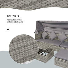 Outsunny Set Mobili da Giardino in Rattan PE, Divano 3 Posti con Tetto, Tavolino, Poggiapiedi e Cuscini, Grigio