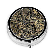 Scatola rotonda per medicina portatile, mini portapillole in metallo, dispenser per pillole tascabili, borsa da viaggio, design damascato floreale nero e oro